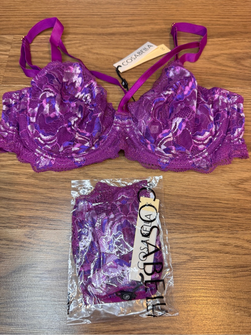 Cosabella Paradiso Underwire Demi Bra 34D and Panty Set M/L Swiss Beet NEW